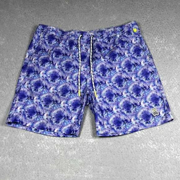 Psycho Bunny Swim Trunks Mens XXL Purple Tie Dye Pockets Lined Inseam 7 in - Picture 1 of 14